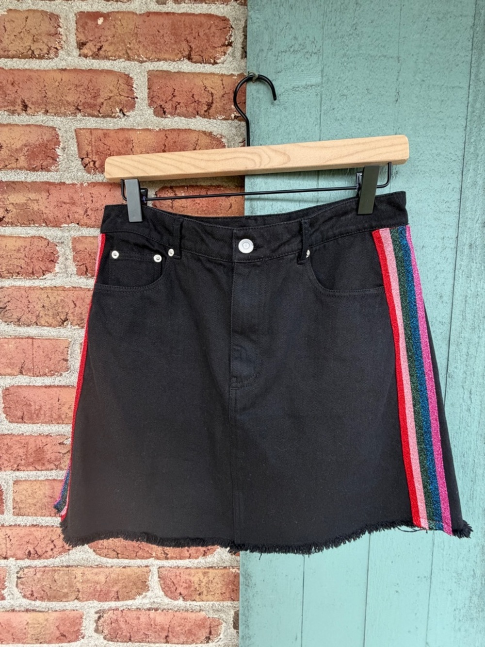 Fantastic Fawn 100% cotton cutoff Black Denim Mini Skirt Rainbow Side Stripes